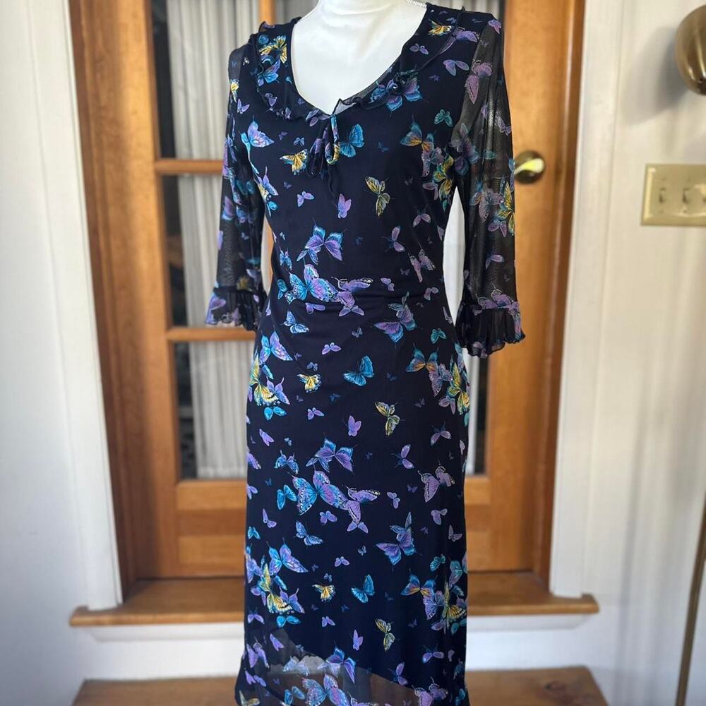 Vintage 90s y2k navy ruffle butterfly dress size S